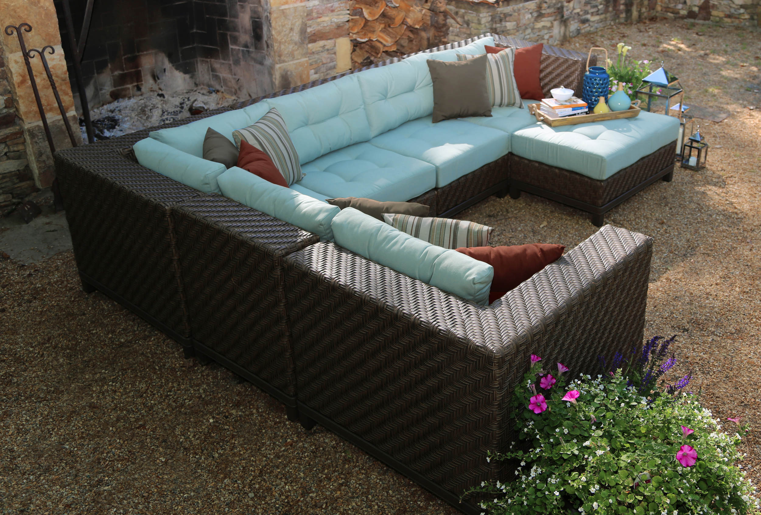Dawson 7pc Sectional | AE Outdoor | Not Your Grandma's Patio Furniture | Blue Sunbrella Fabric & Pillows | Handwoven All-Weather Wicker |