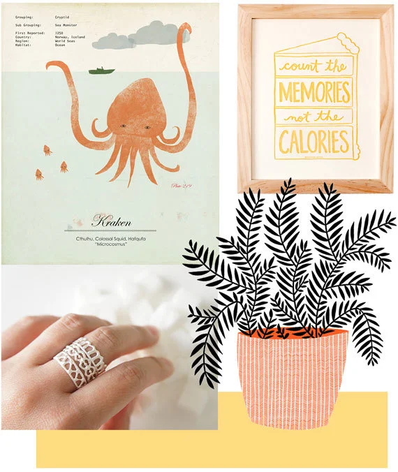 Clockwise from top left:&nbsp;Kraken print&nbsp;by&nbsp;Amy Sullivan;&nbsp;Memories Not Calories print&nbsp;by&nbsp;NourishingNotes;&nbsp;Pot Plant print&nbsp;by&nbsp;blackoutwell;&nbsp;Silver stacking rings&nbsp;bygemagenta. Photo&nbsp;via Etsy