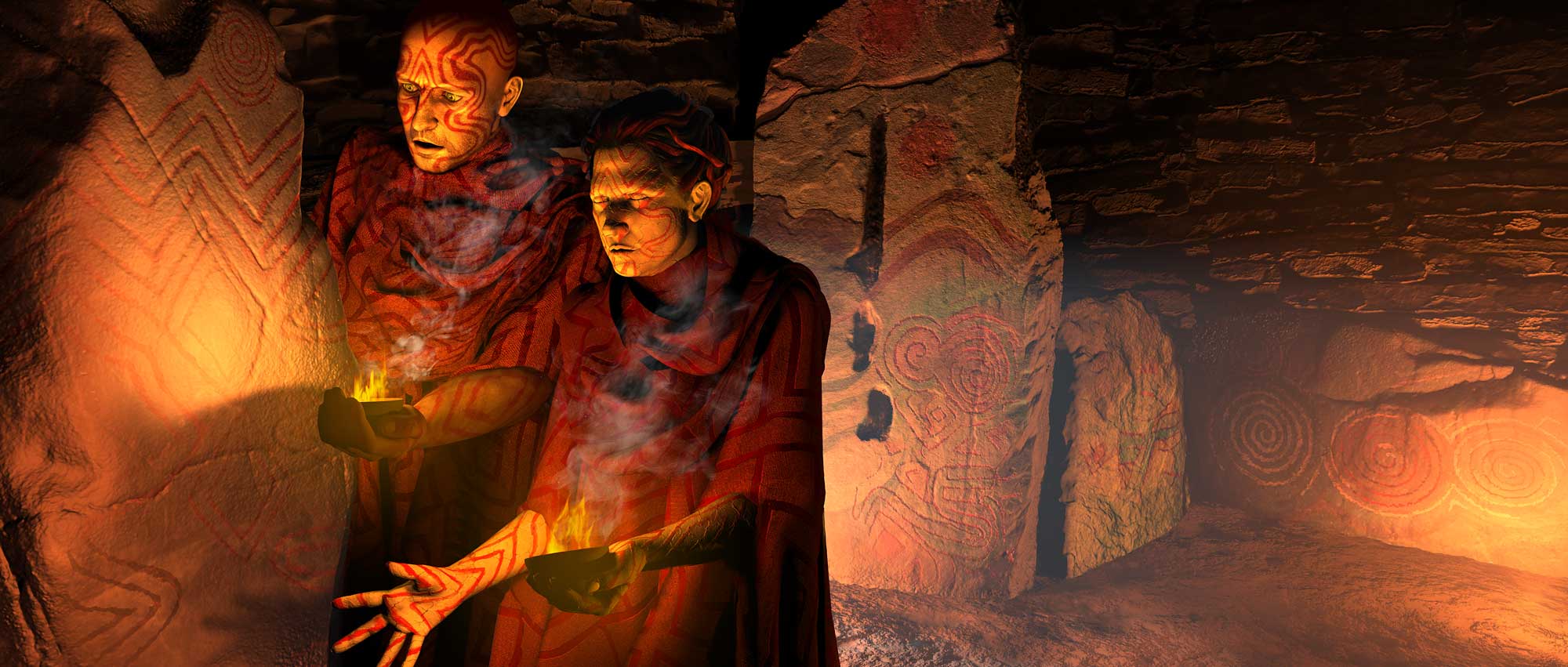 Artwork draft for Barclodiad y Gawres, featuring Neolithic characters and a reconstruction of how the chamber may once have appeared.