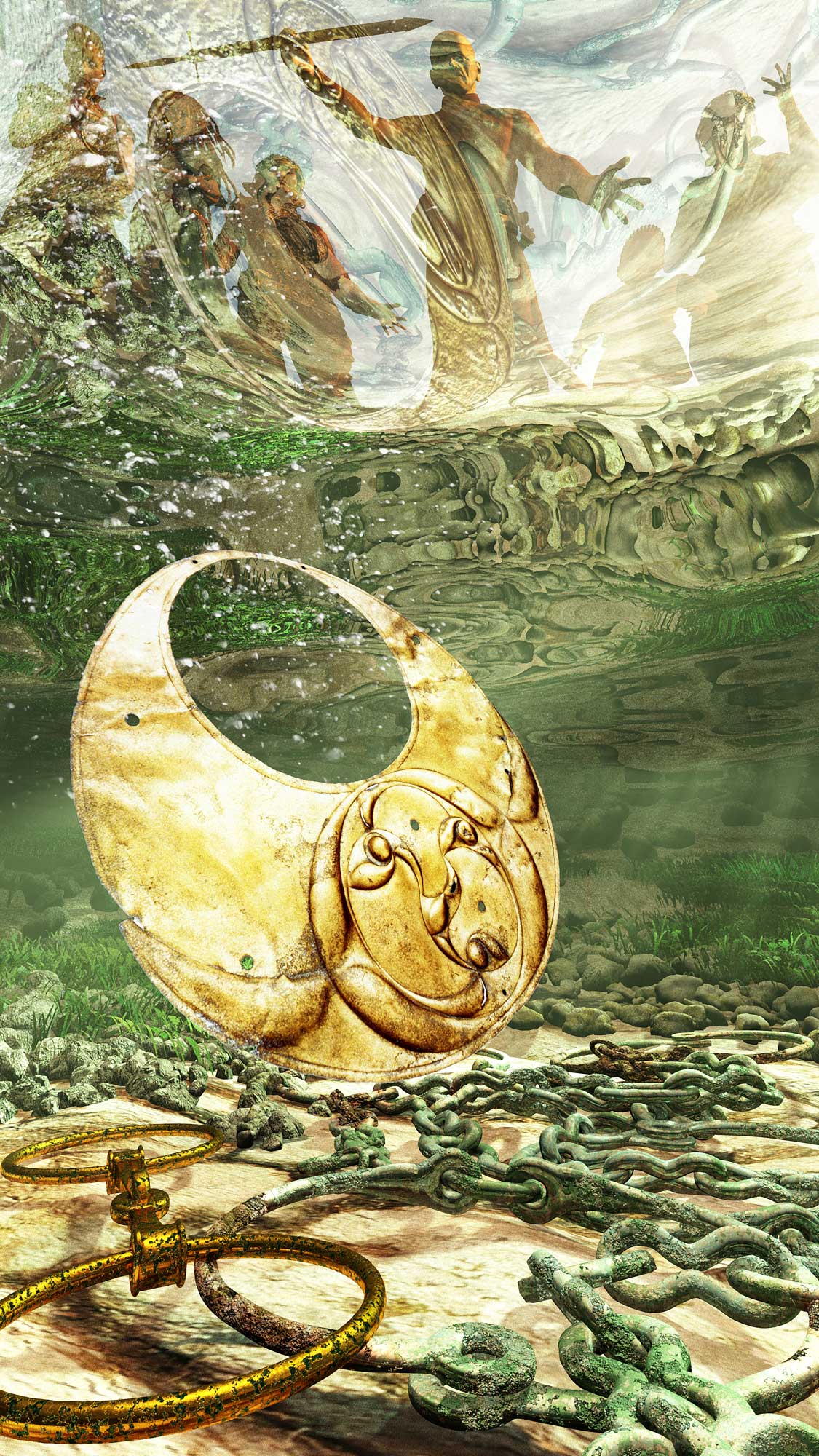 Artwork draft portraying valuable Iron Age metalwork being ritually thrown into the waters of Llyn Cerrig Bach.