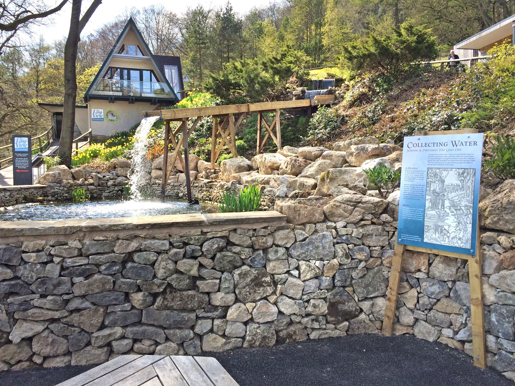 The new pond and lead mining water chute feature within The Heights of Abraham estate.