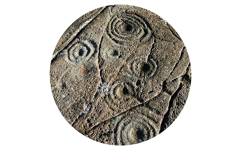 Close-up of Neolithic Rock Art carvings with spiral and circular patterns.