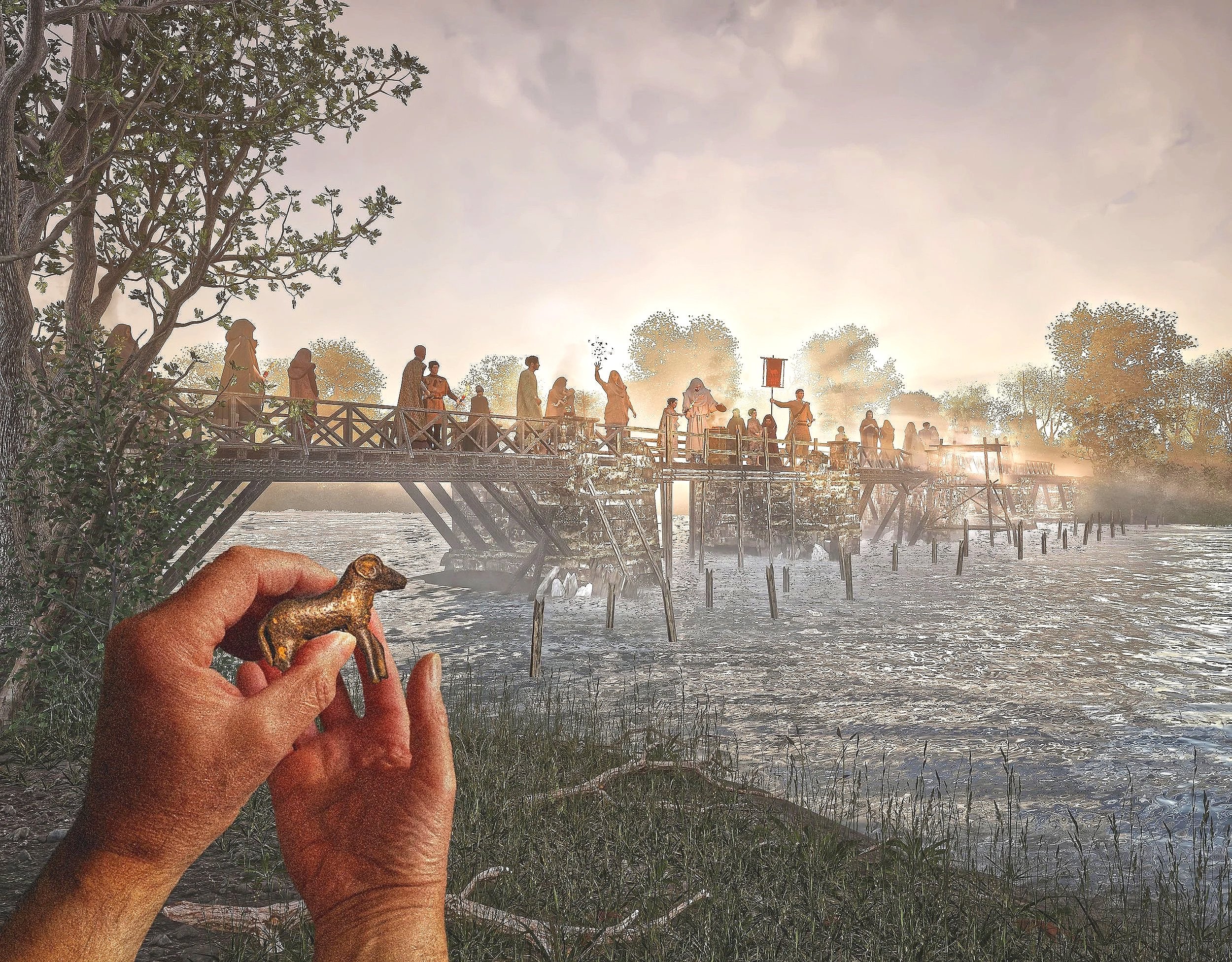 An illustration showing Piercebridge, near Dartington and how it may have looked during Roman times.