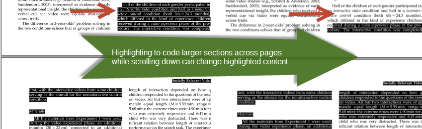 Issue with selecting larger amounts of data while scrolling. Screenshots from NVIVO. File: Troseth, G.L. et al. (2006). Young Children’s Use of Video as a Source of Socially Relevant Information. Child Development, 77(3), 786-799.