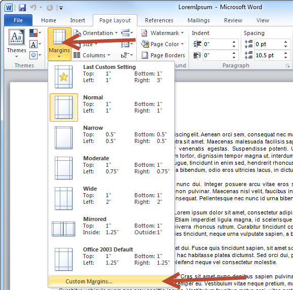 In Word, change the margins on the side in the ‘Page Layout’ tab, then go to ‘Custom Margins’.