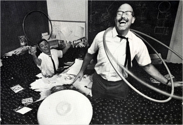 Master Marketer Richard Knerr, right, and "Spud" Melin in 1965, at the height of the Frisbee and Hula Hoop craze. Knerr never claimed to have invented these toys. Instead, he was often heard to say he was the "originator" of the two novelties. Wham-O actively solicited or crowd-sourced new ideas from the public. Photo courtesy New York Times.
