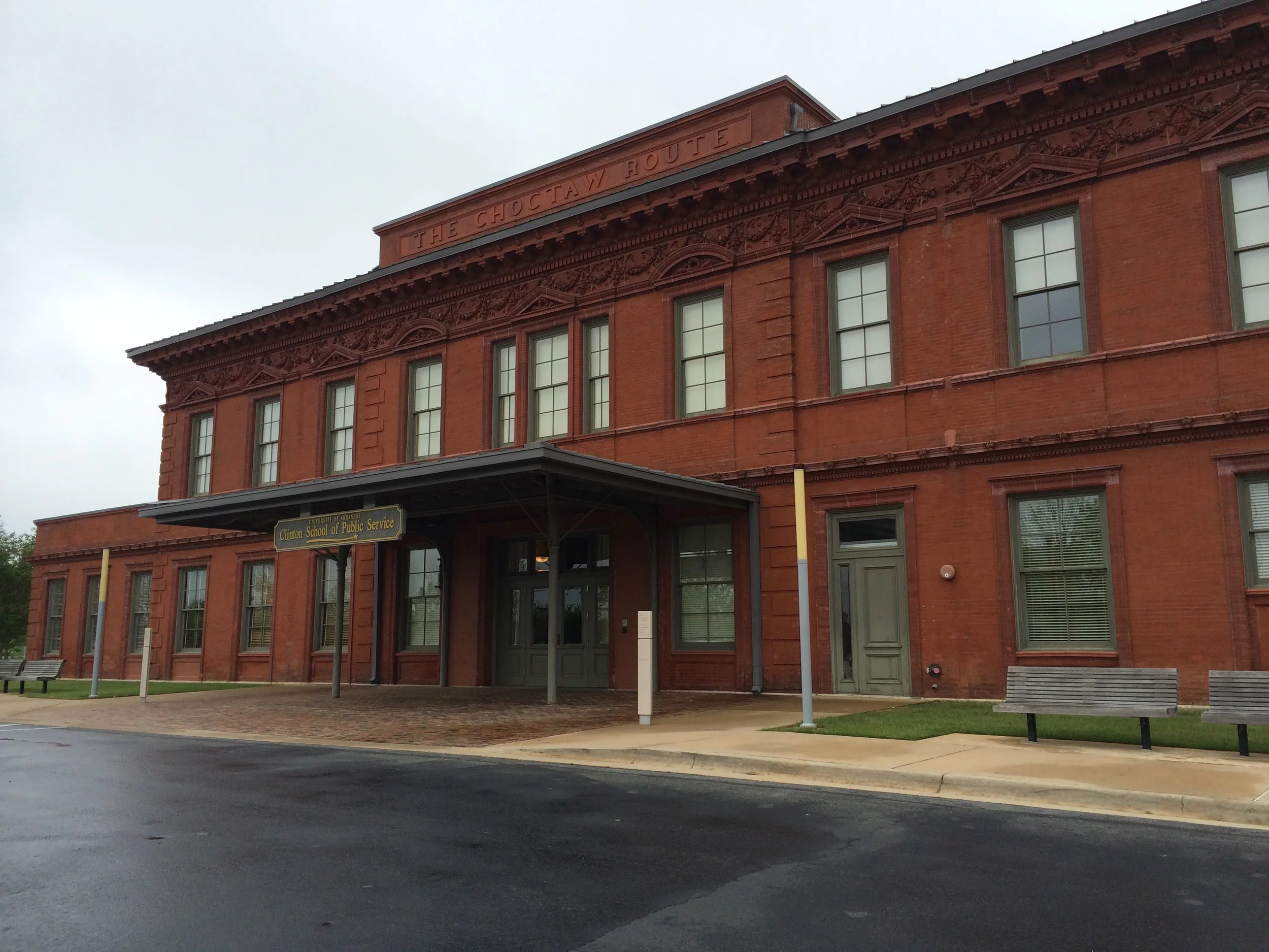 Built in 1901 for the Choctaw, Oklahoma and Gulf Railroad, the Choctaw Route Station in Little Rock is now part of the Clinton library complex. It houses the University of Arkansas Clinton School of Public Service, the Clinton Policy Institute and the Clinton Foundation. The door to the right of the main entrance led to a segregated waiting room for black travelers.