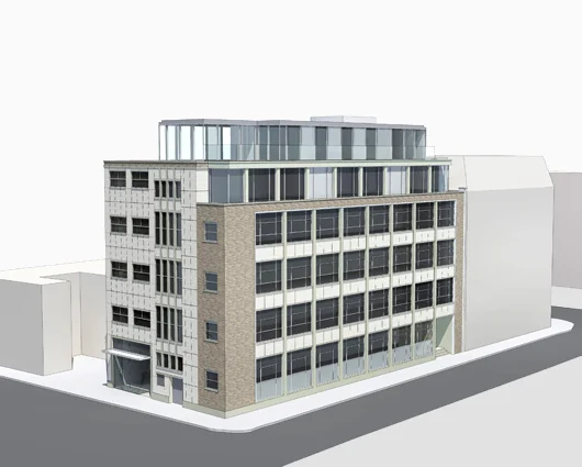 Aylesbury Street This 1950s printworks building in a Conservation Area in Clerkenwell, London, was extended and refurbished to provide new offices for the Association of Optometrists and five new apartments above. The understated yet effective design was welcomed by the Local Authority and the building's reinvention has contributed to the ongoing renaissance of this part of London.