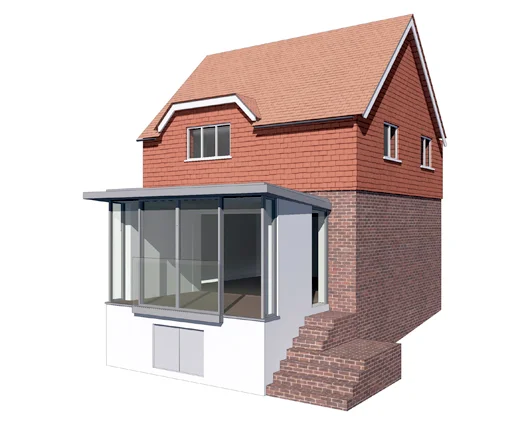 Glazed Extension, Lewes This extension is constructed on the masonry plinth of a previous extension and features an inclined roof that maximises the height of the glazed windows that have stunning views over the Ouse valley. Sliding doors with a glazed balustrade open the space out onto the garden. 