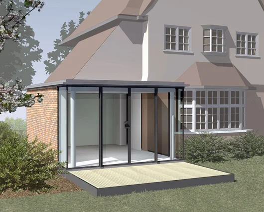 Garden Room, Lewes This simple glazed extension to a large house in Lewes uses an updated version of the old Crittall glazing found in the original windows. As well as being a link with the main house, they have exceptionally slim profiles which give the extension an elegant, lightweight feel.