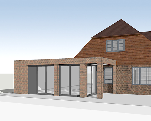 Extension, Lewes This bold, simple extension is designed to contrast with, but still compliment, the existing house. A series of large doors will connect the light, airy living / dining space with the riverside garden.