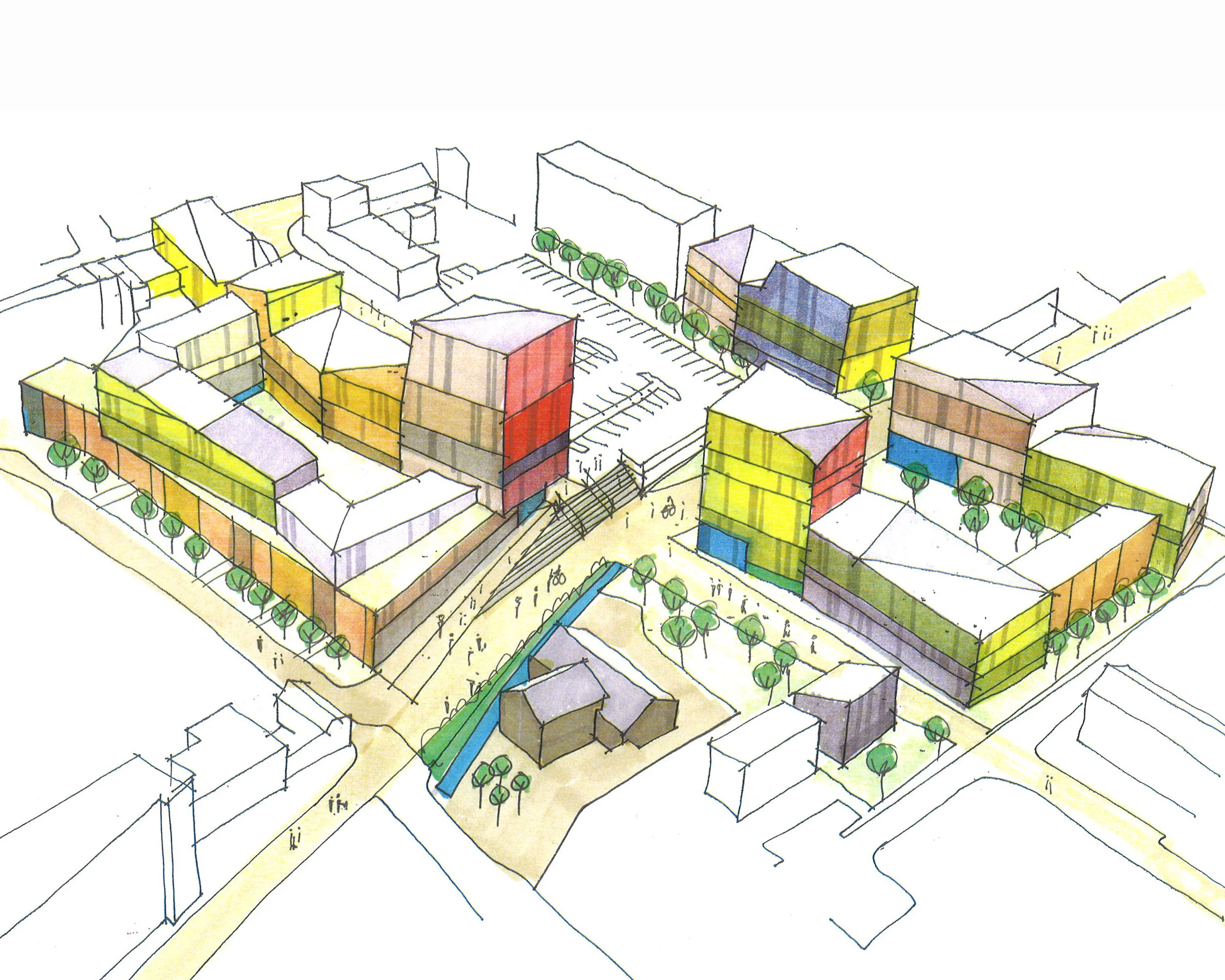 Hornsey, London This urban design scheme proposed opening up a large industrial site by introducing two new cross-routes, placing a new public space where they intersected, and uncovering a hidden river.