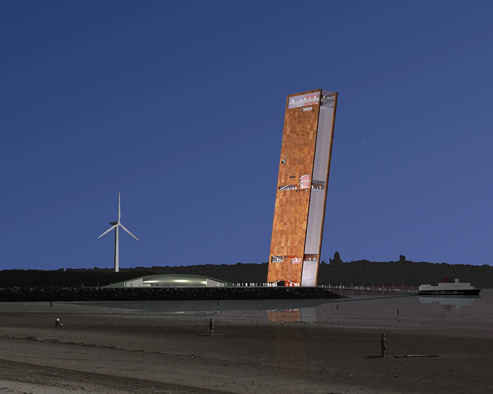 Mersey Observatory The brief of this competition called for a landmark structure at the mouth of the Mersey in Liverpool that would also function as a wildlife observatory and viewing platform. We proposed an inclined tower composed of two slabs of weathering steel with viewing platforms in between.