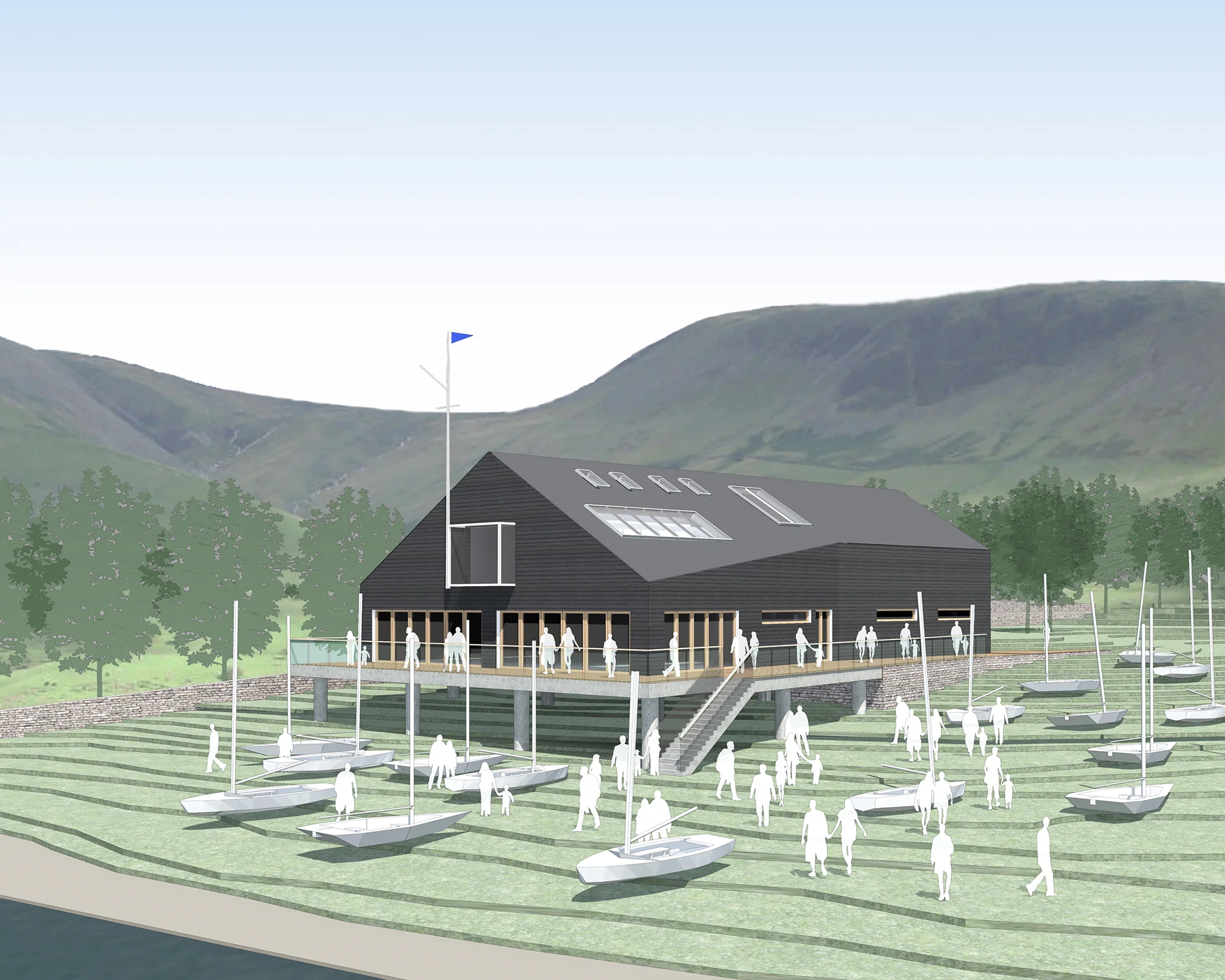 Ullswater Boathouse This design for a new clubhouse and facilities for a boating club proposed a simple traditional boathouse form, given a sculptural twist by the use of minimal detailing and monolithic black timber cladding. The whole structure is lifted up to protect it from flooding.
