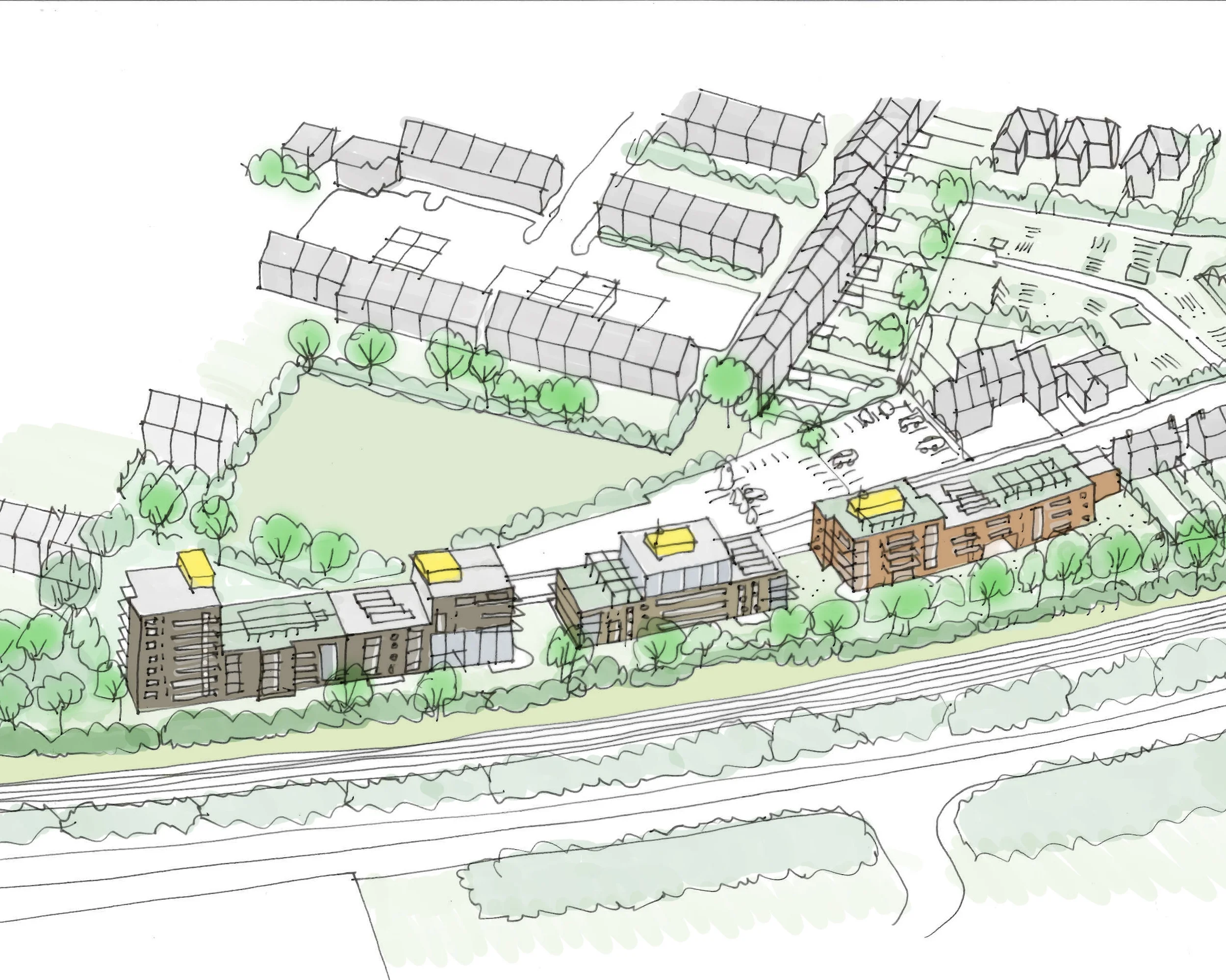 Basingstoke This masterplan study for a build-to-rent scheme in Basingstoke occupies a long, linear site alongside a railway line. A series of stepped buildings, culminating in a 7-storey block at the end, extend the street through the site, with new links to the public open space beyond.