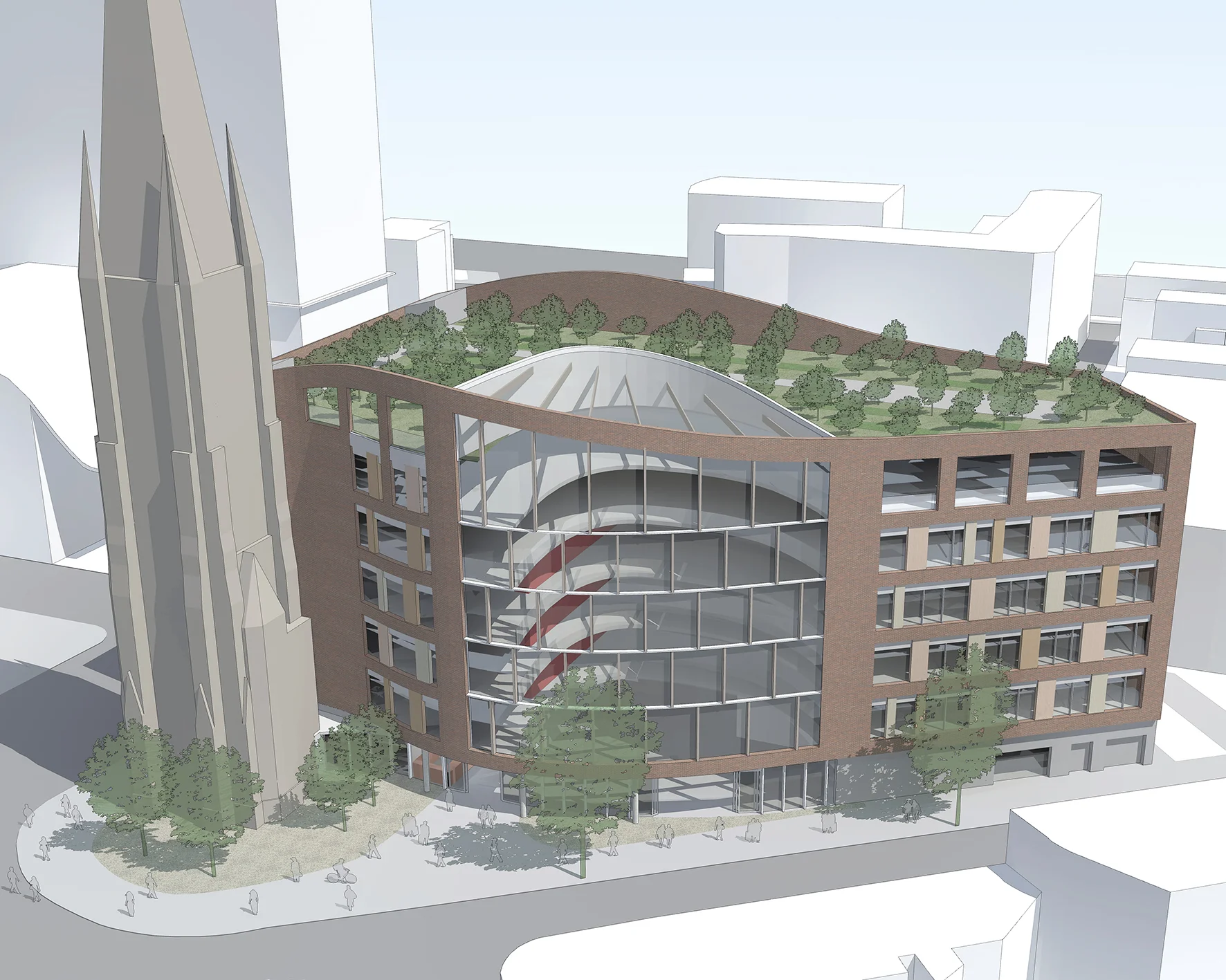 Lambeth Hub A competition scheme for offices for a group of charities, community space and educational facilities in Lambeth. The primary brick volume is scooped out to form a curved atrium space, and moulded around a historic church tower. A densely-planted rooftop garden provides a communal area for all the users of the building.