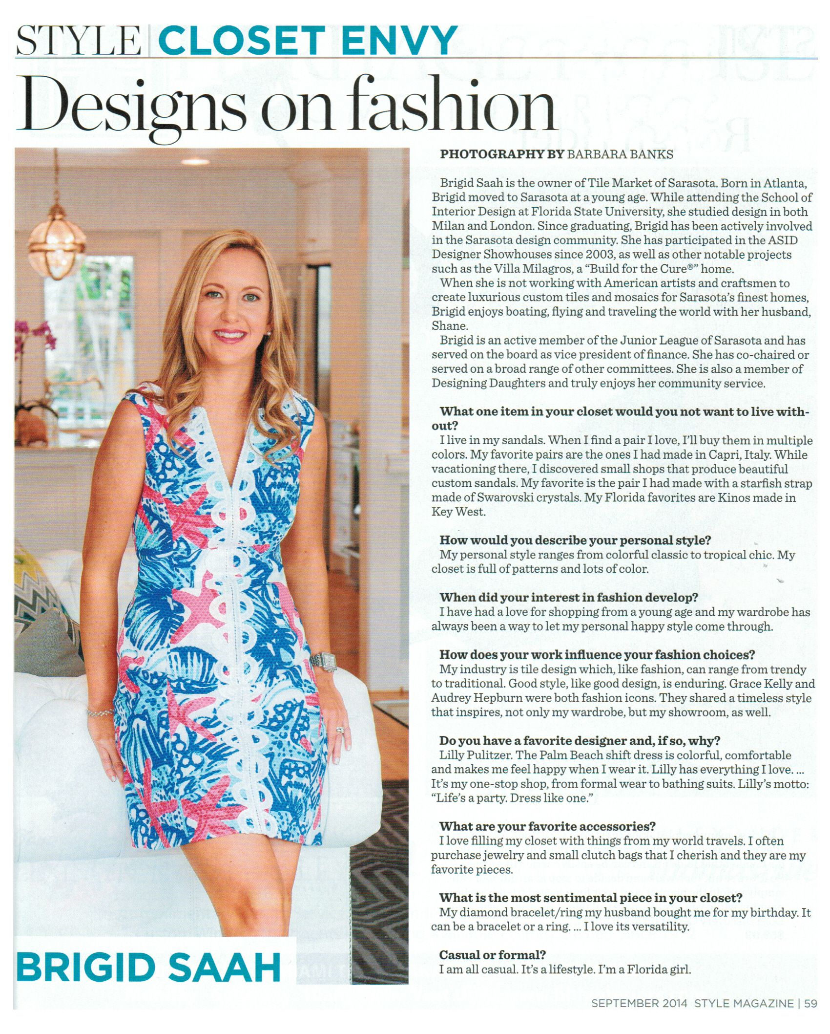Tile Market of Sarasota owner Brigid Saah is featured in Style Magazine "Closet Envy"