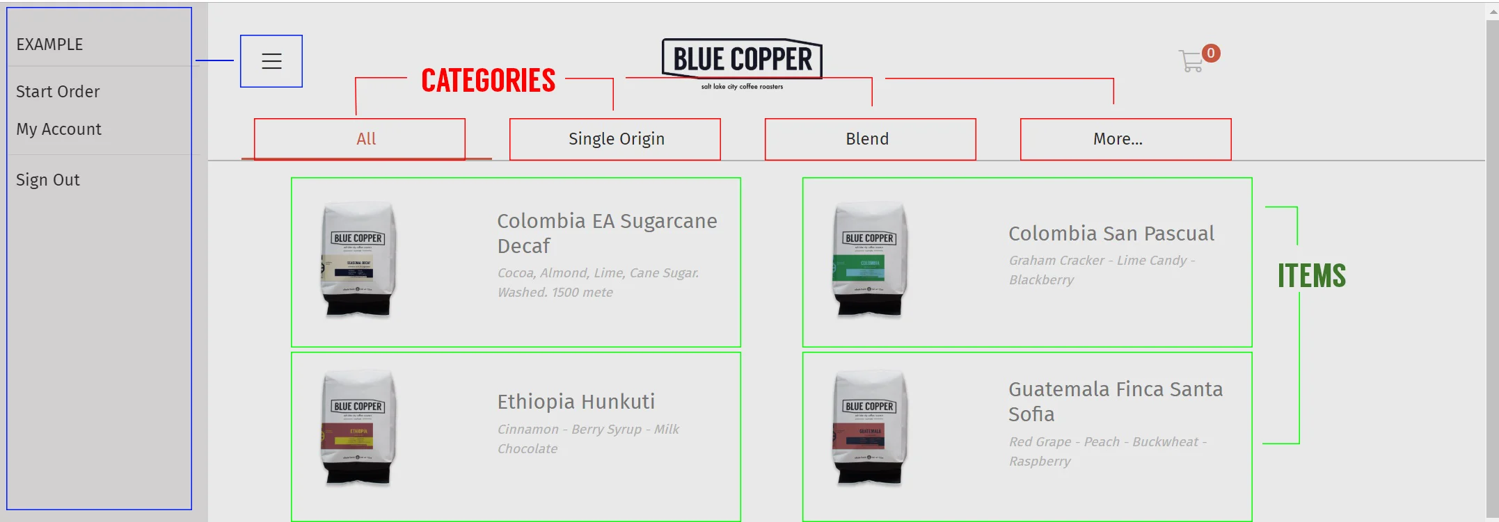 Once you create a password you’ll be logged in and redirected to the home page. From here you can navigate to product pages (clicking the green outlined boxes), sort products by category (the red outlined boxes) and open a menu to perform various account tasks (blue box). Your products view will differ because each wholesale account set up is given a specific set of products you’re allowed to order - we tailor this based on your needs so you aren’t looking at a wall of clutter when you’re trying to just get a 5lb bag of house blend delivered.
