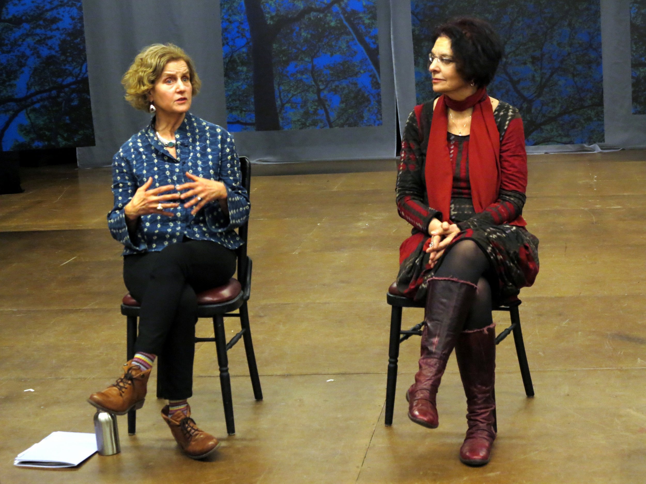  Nancy Romer (L) and Karen Malpede (R) at talk-back following performance of "Extreme Whether," written and directed by Karen Malpede, presented by La MaMa E.T.C., 66 E. 4th Street, Manhattan, March 3, 2018. Photo by Jonathan Slaff. 