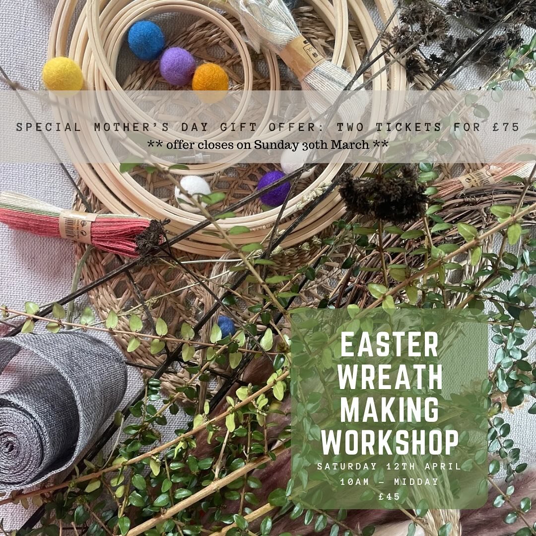 Wreathmaking at Damson is always a joyful affair! We&rsquo;ve run a Spring one before and it&rsquo;s making a comeback in time for Easter 2025.

Using fresh &amp; foraged greenery as well as dried flowers on embroidery hoops, why not join us on Satur