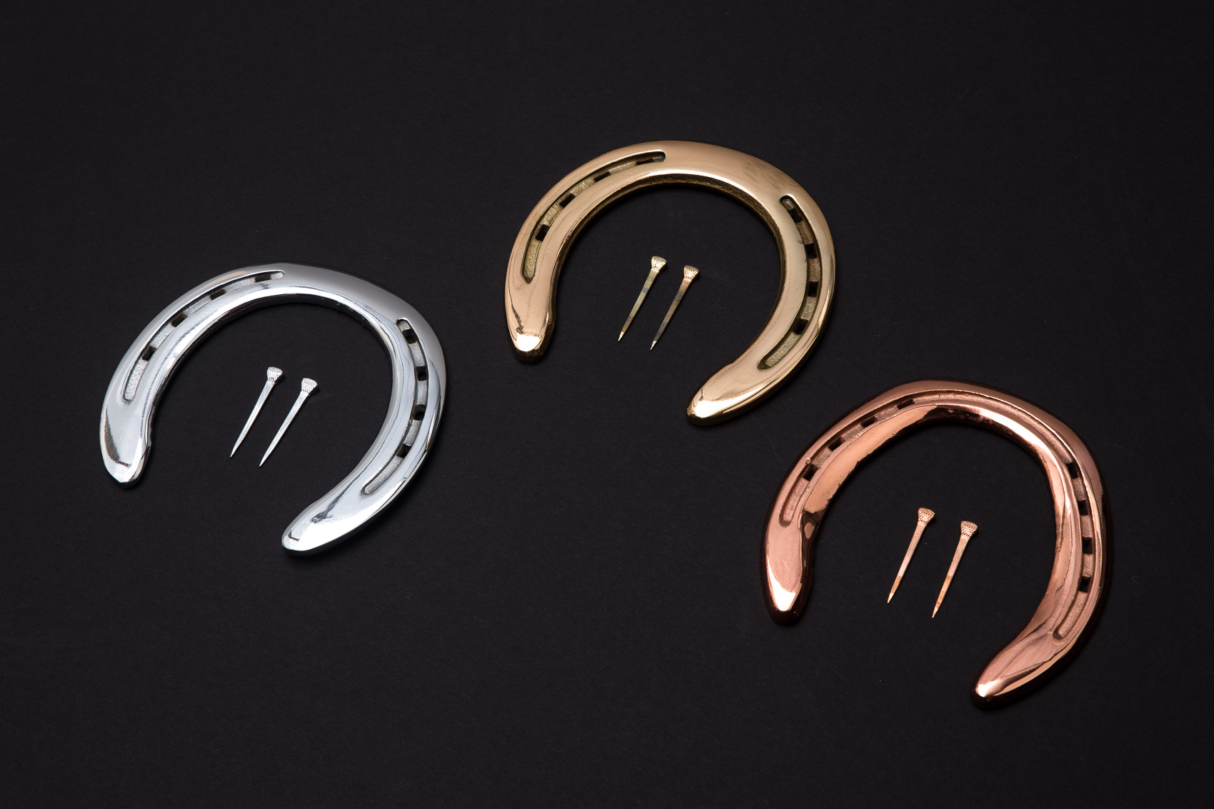 Metallic Lucky Bandera Horse Shoes in real Chrome, Gold, and Copper for No. 4 St. James.