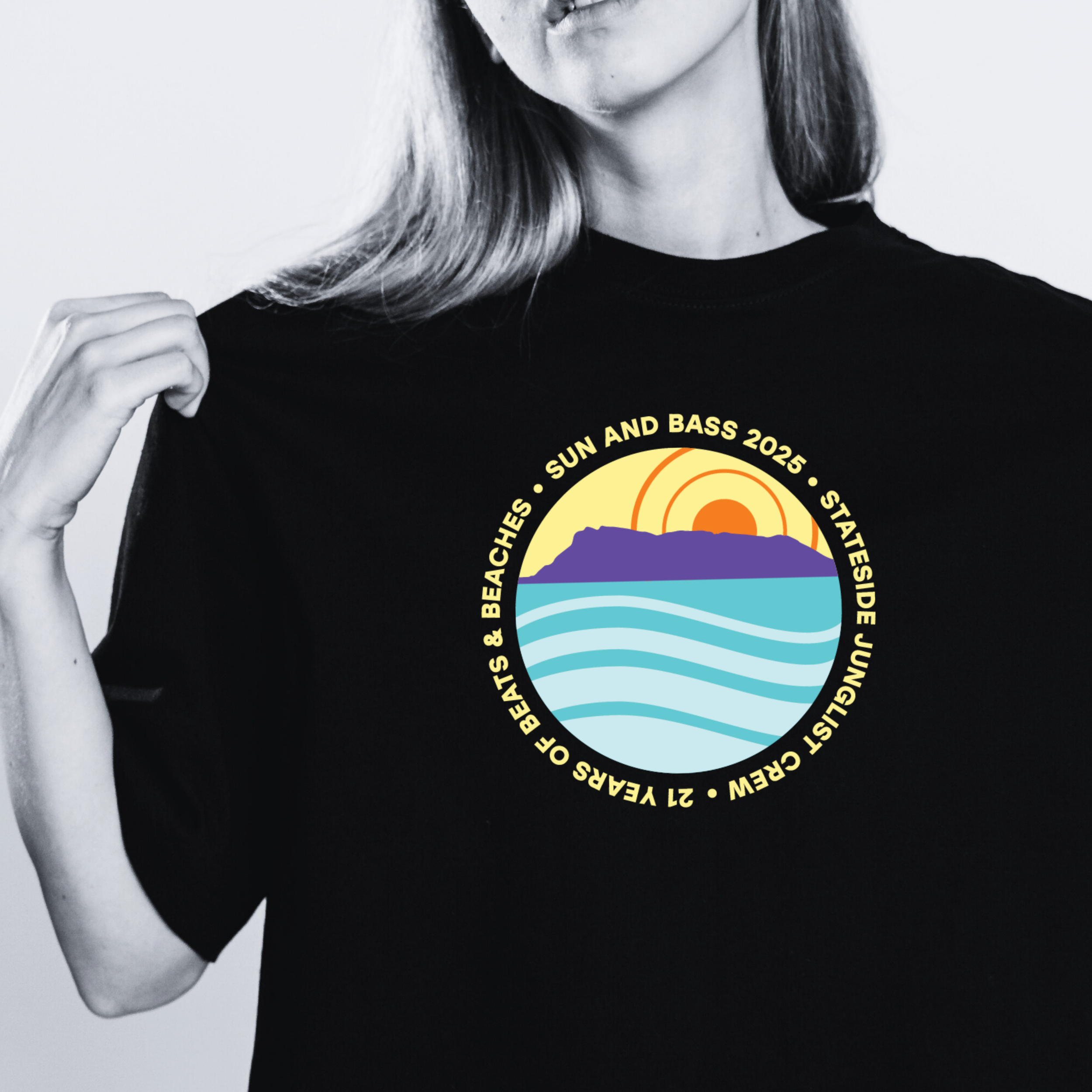 Commissioned t-shirt design featuring a 5-color, graphic illustration of the Island of Tavolara in Sardenga, Italy celebrating Sun and Bass 2025