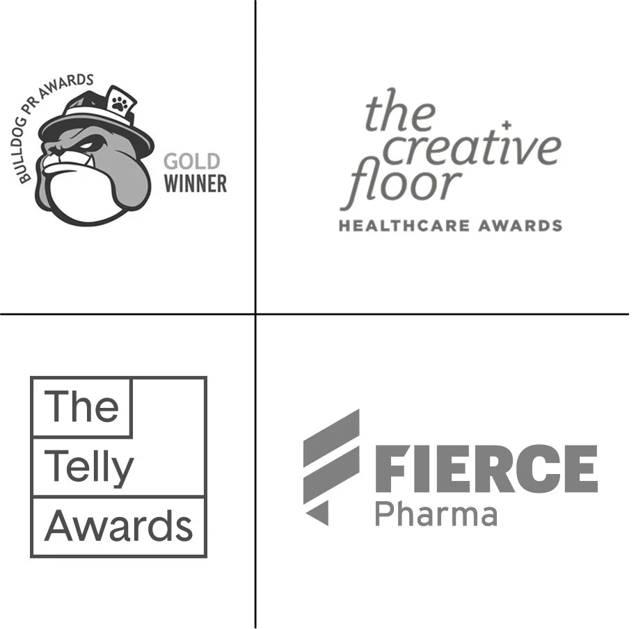 Grayscale image of Bulldog PR, The Telly Awards, The Creative Floor Awards, and Fierce Pharma logos