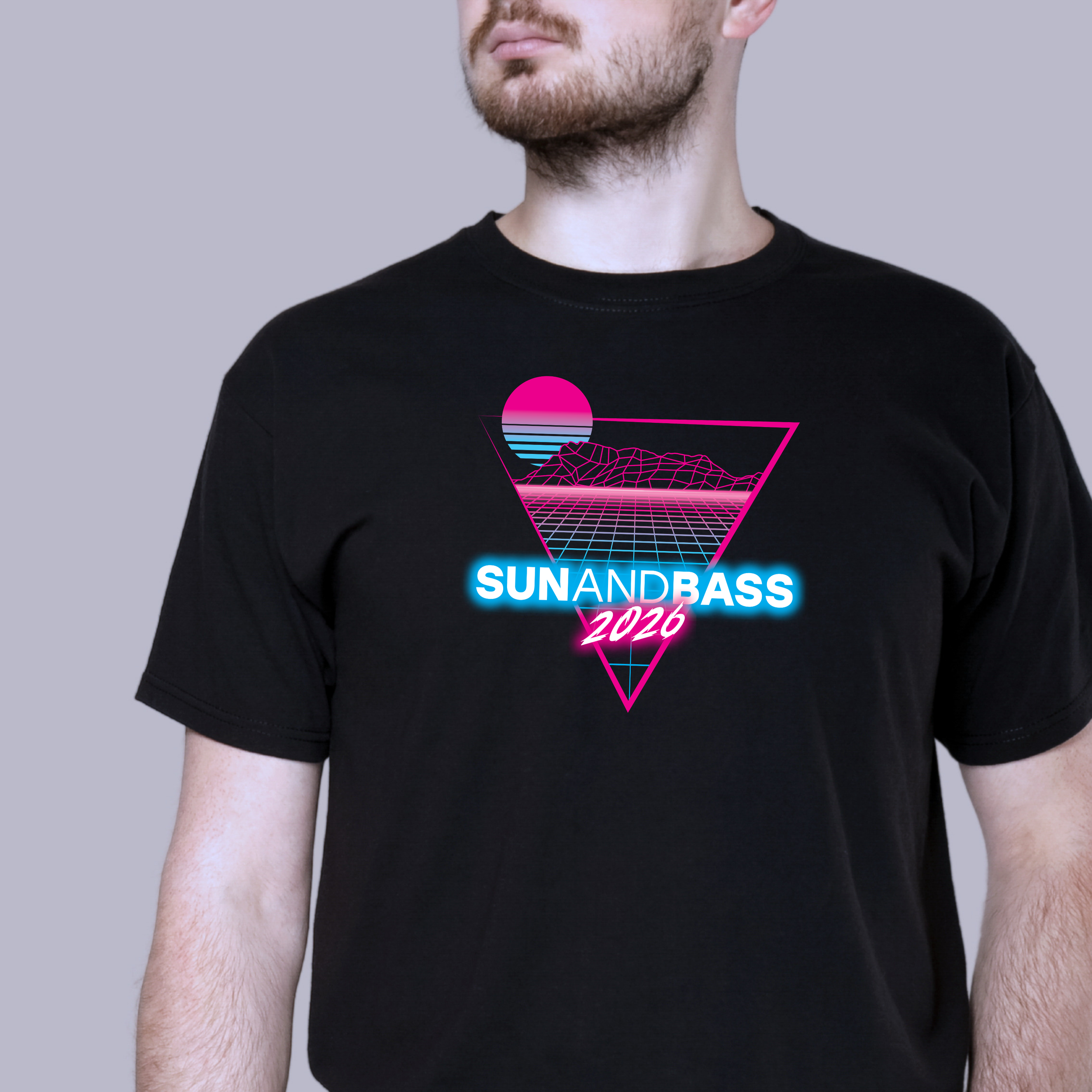 Commissioned t-shirt design featuring a vapor wave-style, pink and cyan vector-grid illustration of the Island of Tavolara in Sardenga, Italy celebrating Sun and Bass 2026