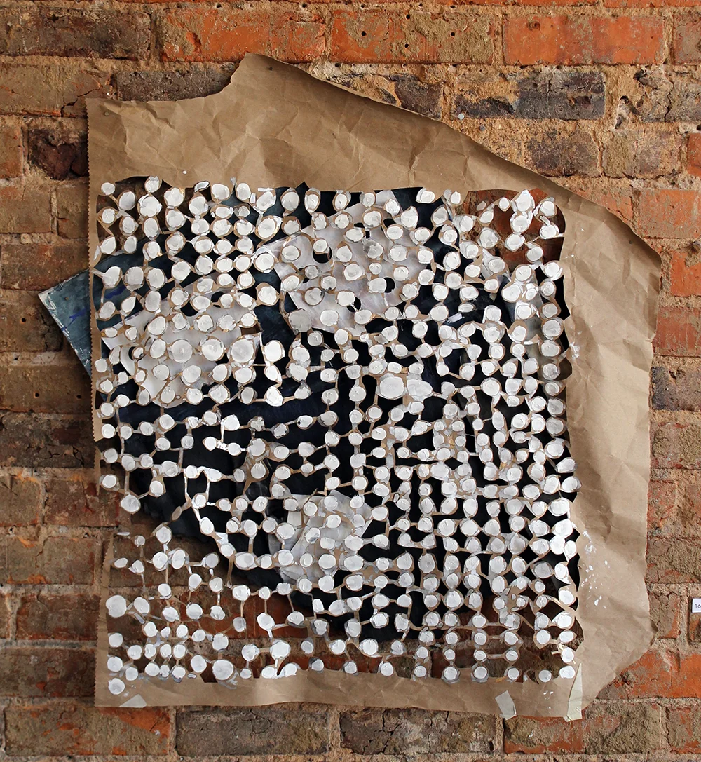 Backyard Shenanigans , Harriet Hoover, 2015, enamel, gouache, cotton thread, craft paper, and roofing paper