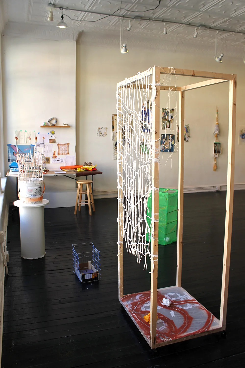 Best Shot , Harriet Hoover & Amy S. Hoppe, 2015, interactive installation Throughout the exhibition, visitors were invited to create a sculpture using Hoover & Hoppe's studio materials and aim for the sculptural goals provided.