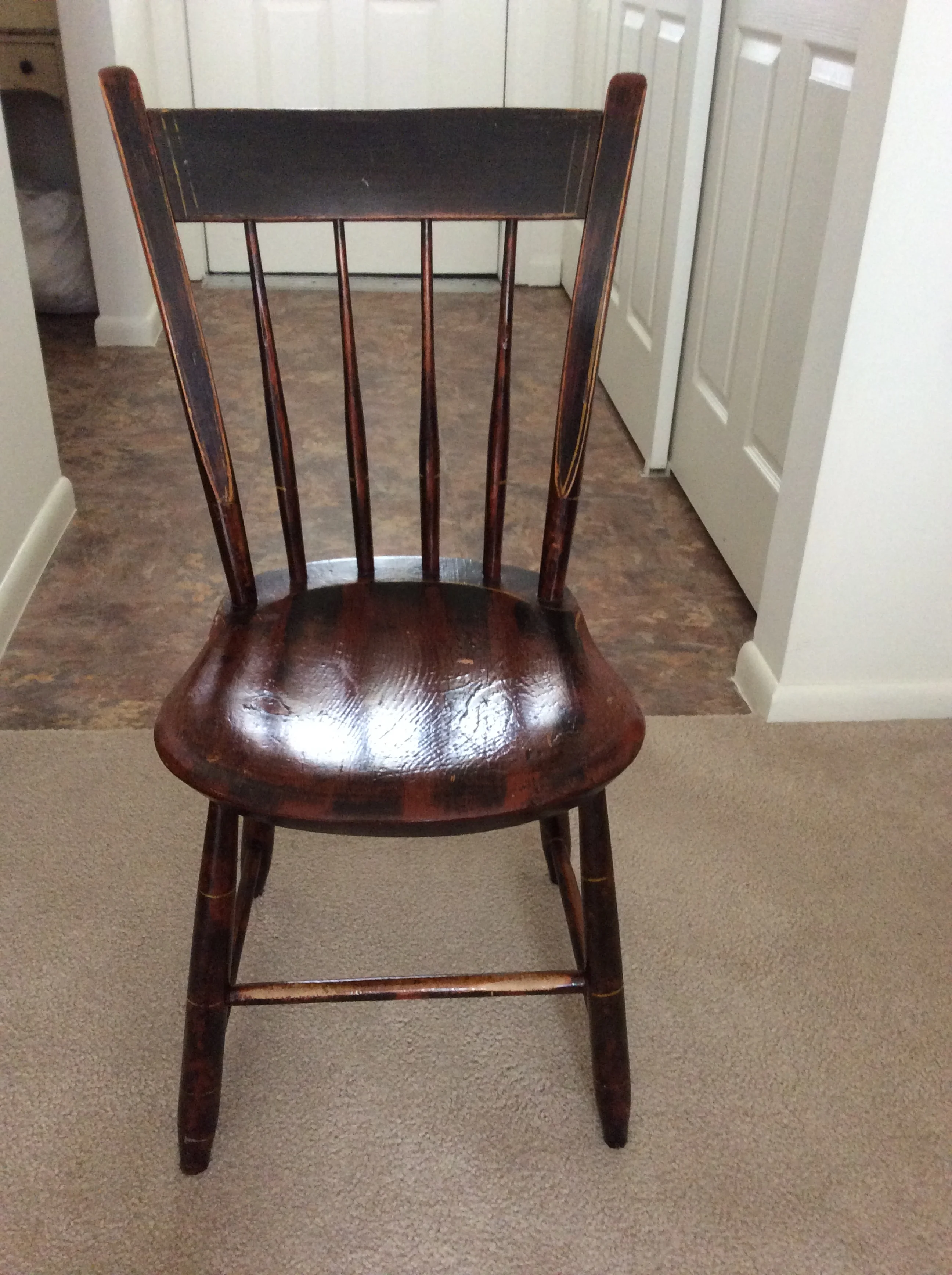 Set of 4 plank seat Windsor chairs. Paint, pinstripes and stencils still intact, bamboo turnings civil war era. Possibly 2 more available, great shape, diminutive size. $800 estimated value for set of 4