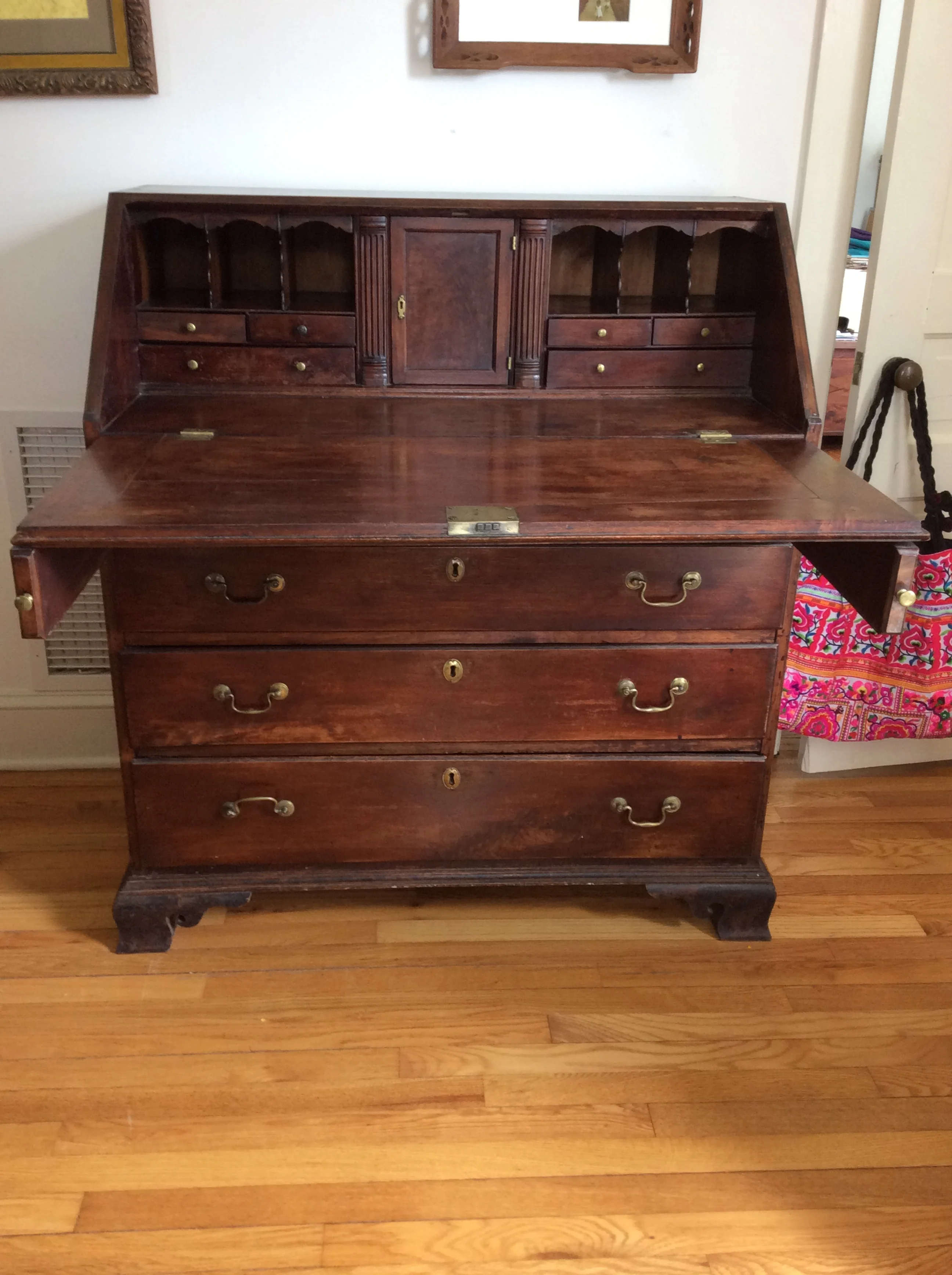 Pennsylvania Walnut desk, Chippendale style, early 1800’s. Great patina, original brasses, typical interior with poplar and pine secondary woods. Overall good condition. $3250 estimated value