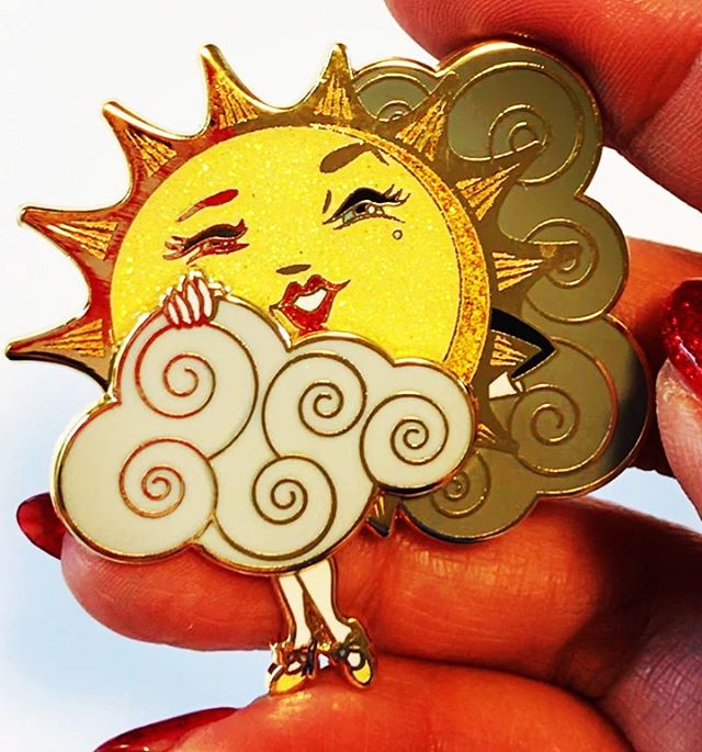 I am over the moon for my new pin design. Just arrived today and is available in my shop. (Link in bio). My very first sliding pin. Based on my original illustration &ldquo;Sun Teaser&ldquo; &copy;KitschyDelish&trade;️, 2019. Move that cloud! 🌤