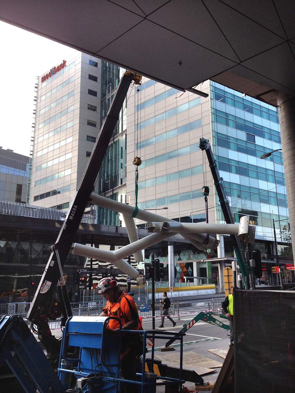 Horstmans' sculpture 'Super Sonic' undergoes construction in Collins Square. Photo provided by Hassell Studio
