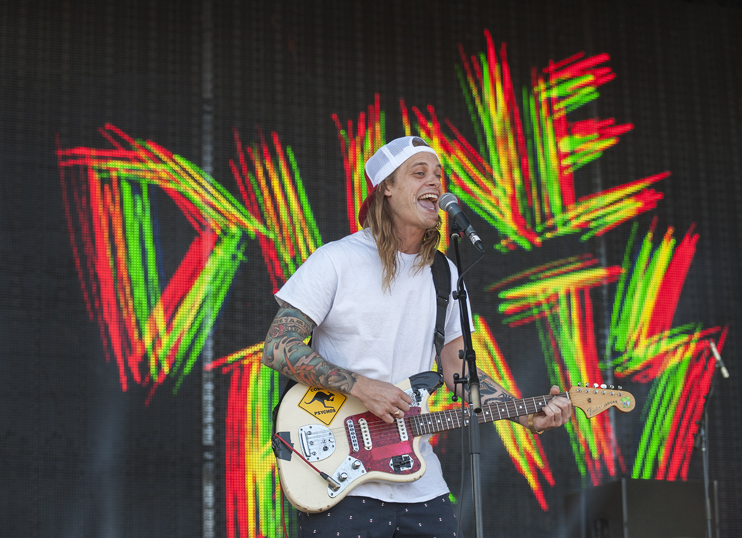 Danny Beusar, singer and guitarist for Brisbane based Dune Rats rocks out on day two of the 2015 Falls Festival - image courtesy of Kirsty Umback.