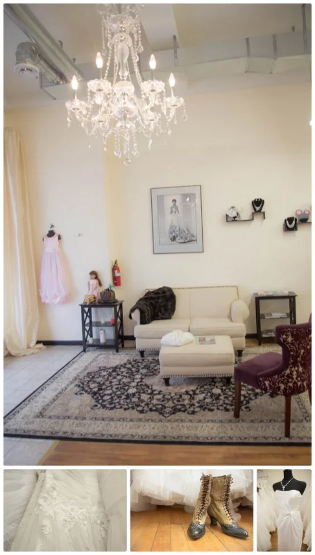 Spacious and beautiful conversation area is surrounded by unique gowns and even a few vintage finds