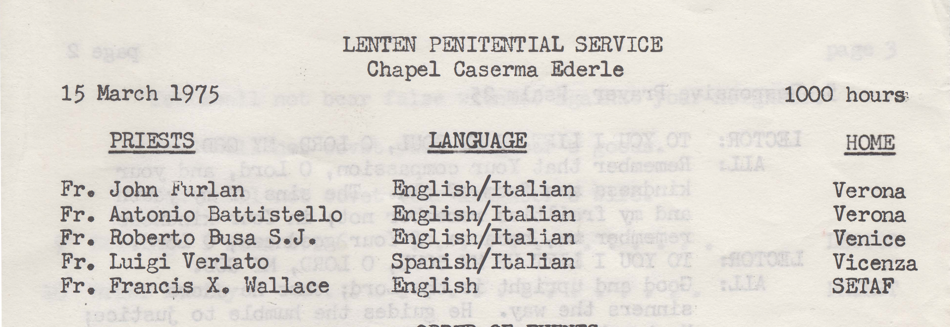 List of confessors for the Lenten Penitential Service in Vicenza, 1975