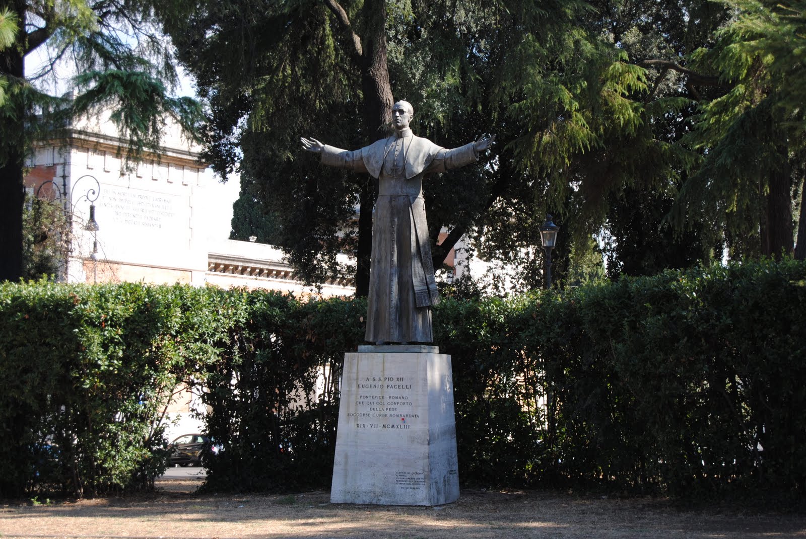 The statue of Pope Pius XII in front of the Basilica San Lorenzo fuori le mura, next to Campo Verano