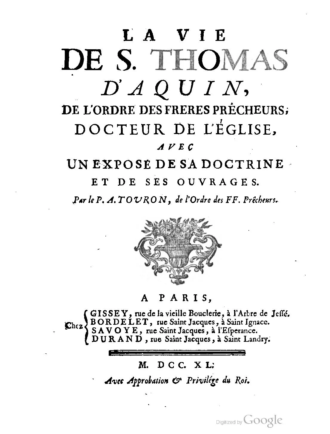 Antoine Touron’s 'La Vie de S. Thomas d’Aquin'