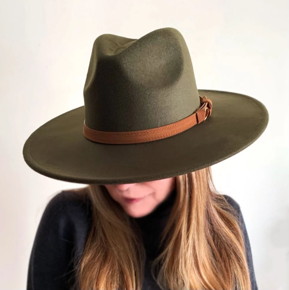 Olive Green Large Brim Fedora Hat 