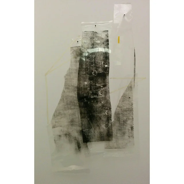 Untitled Irregular ~2.5 ft x 1.7 ft, durlar, artist tape, oil based printmaking ink, and amber heat treated tape