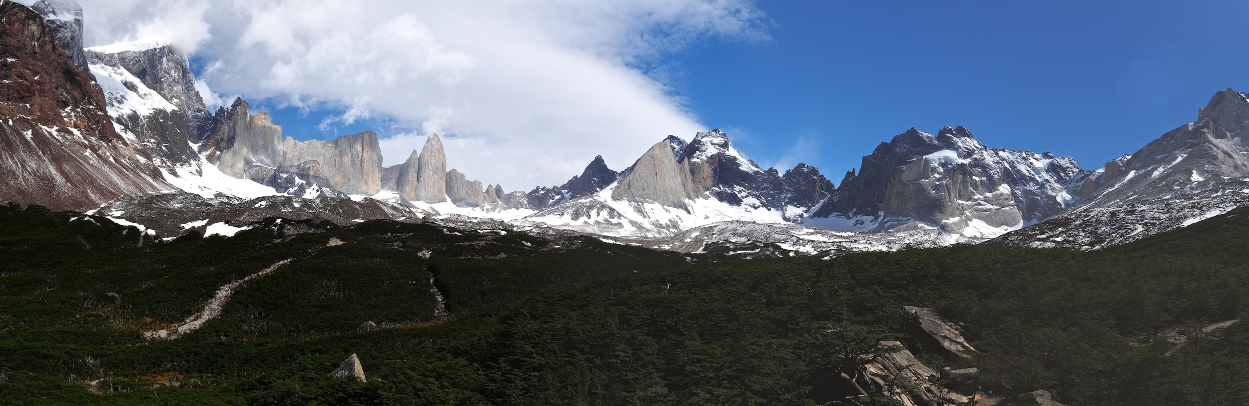 The Valle Frances lookout point greets you with 360-degree views of mountains, lakes and forests. This only shows half the landscape; a truly jaw-dropping moment for the both of us.