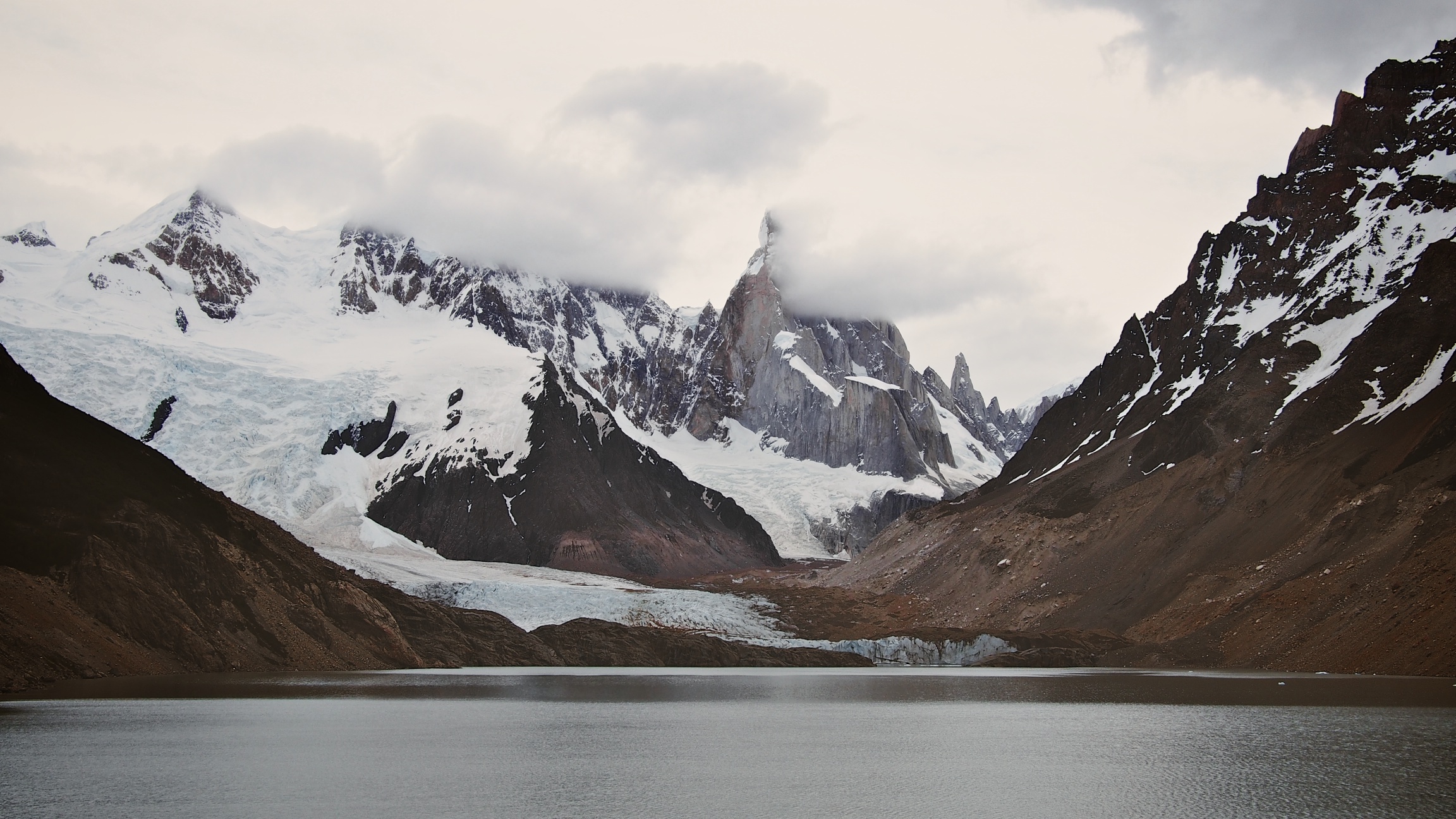 Cerro Torre peeking out from behind a cloud that just would not move
