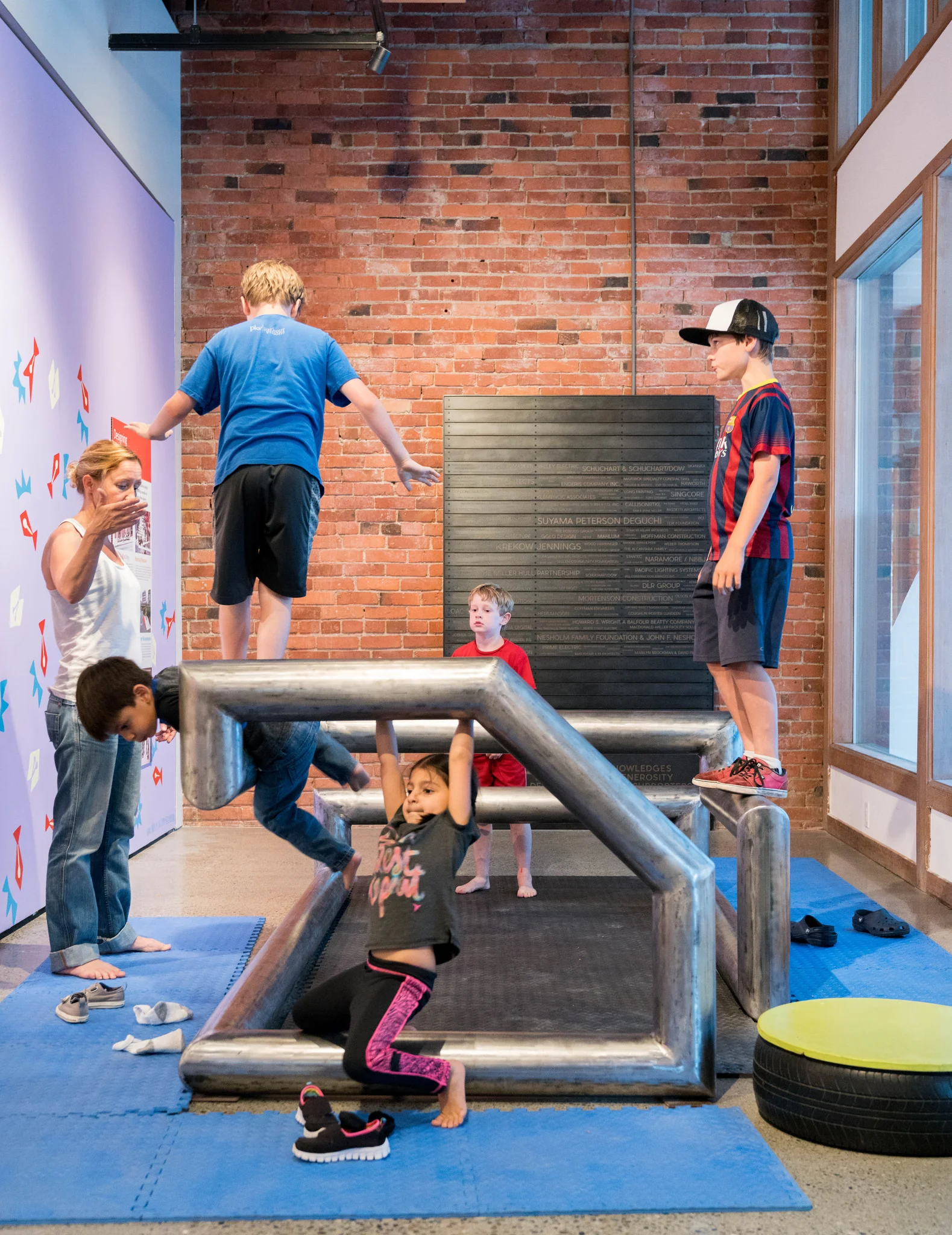 Parkour Visions constructed a custom built steel climbable piece for balancing, swinging, launching and sliding.