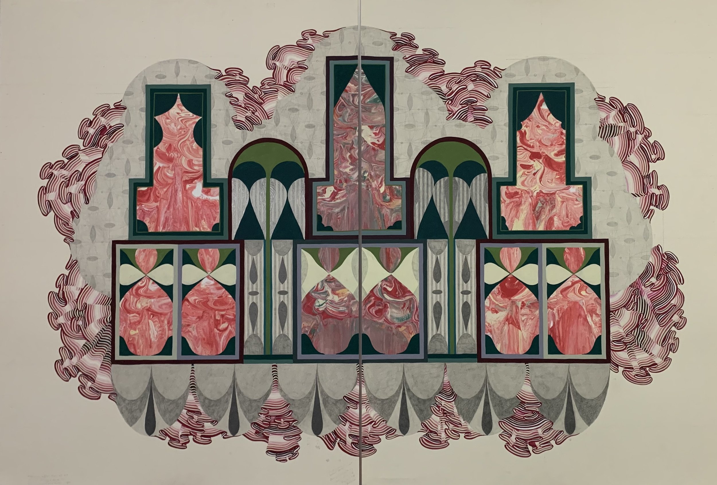 Cake Cathedral 2 Graphite, Acrylic Gouache and Screenprint Monotype 44" x 30" December 2022