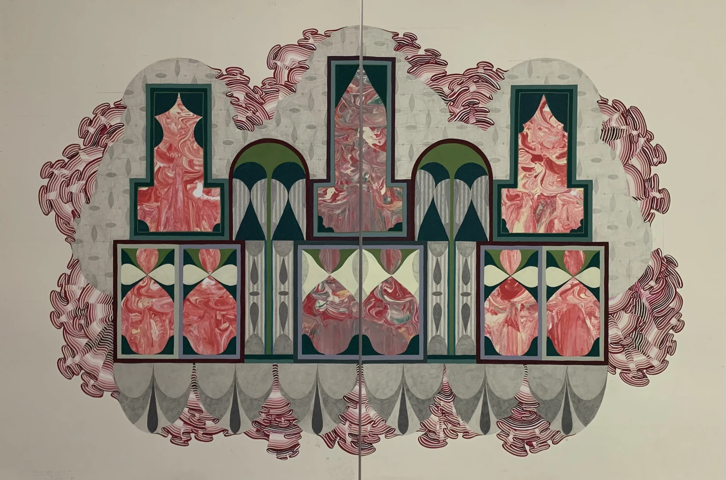   Cathedral in Grey    Acrylic Gouache, Graphite, &amp; Screenprint Monotype on Paper    44”x30”    2022  