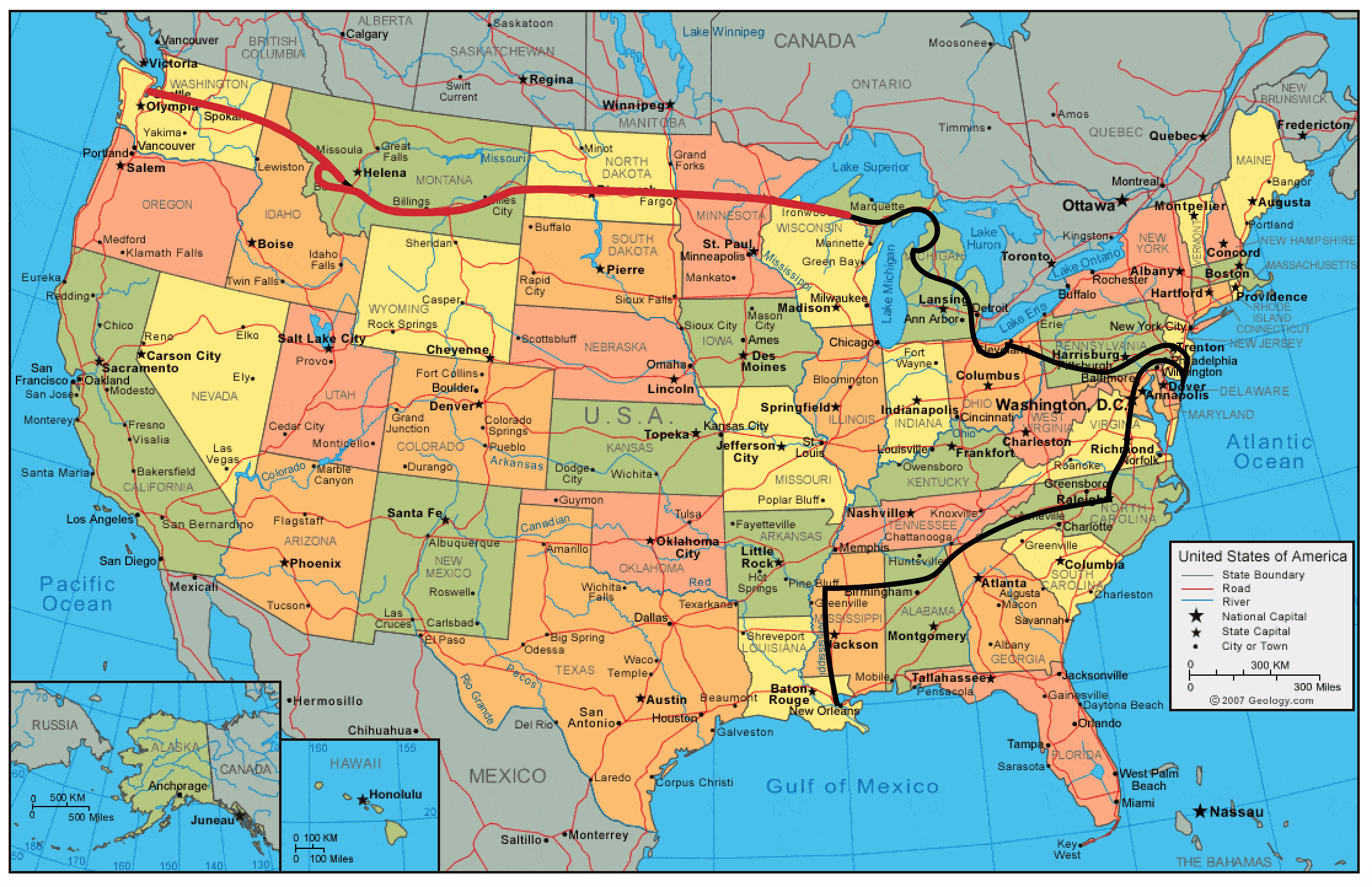 Red is our completed route. Black is our planned route...