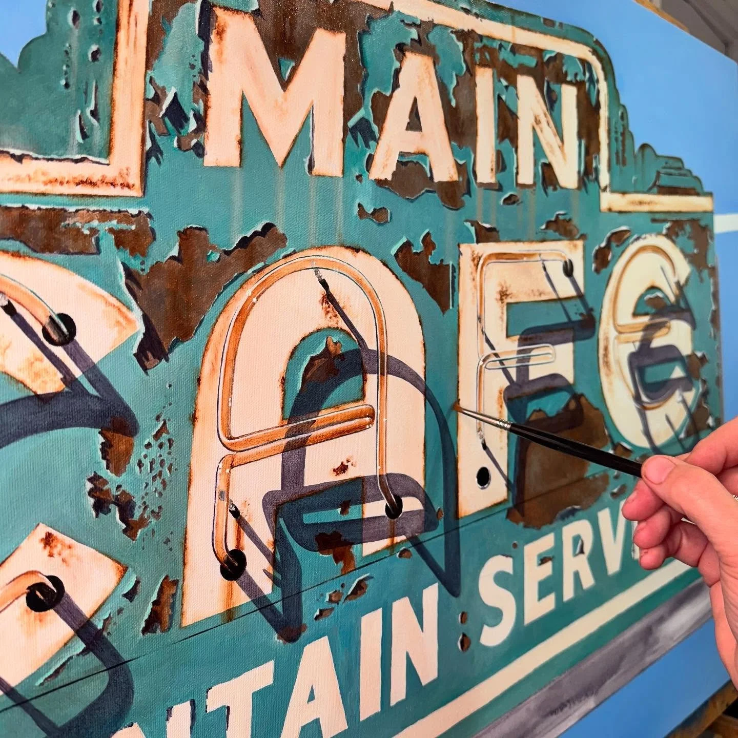 🎨 work in progress !
MAIN CAFE / 24” x 36” / oil on canvas 
for August’s show @patricia_rovzar_gallery in Seattle 🖌️
#kellietalbot #oilpainting #vintageneonsigns #realism #neon #art #patriciarovzargalleryartists