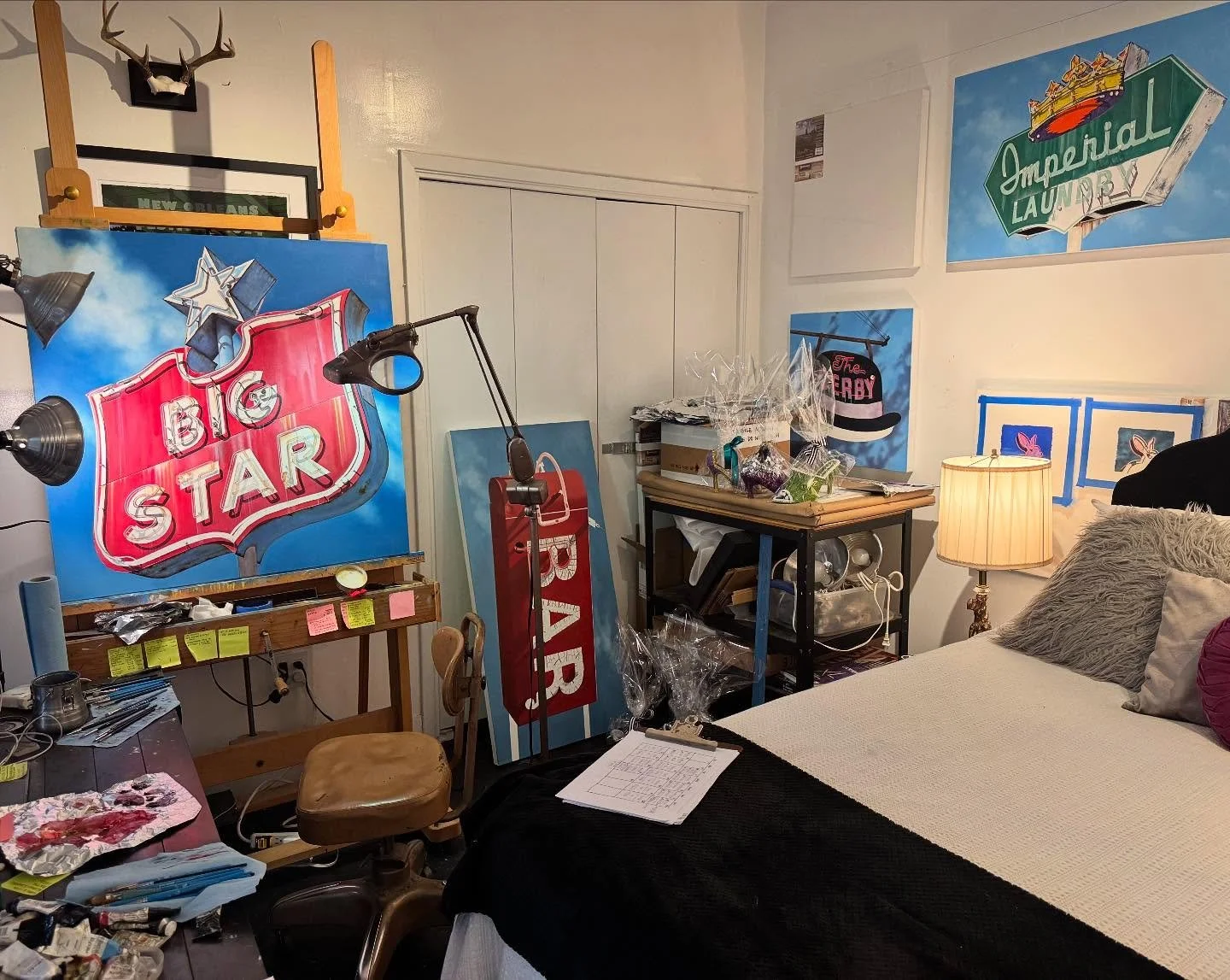 Right now I can literally roll out of bed and get to work. Or vise versa. My studio currently doubles as my bedroom and shoedio—as we are undergoing some big projects in the house and preparing for @kreweofmuses parade.
After a big show or a b