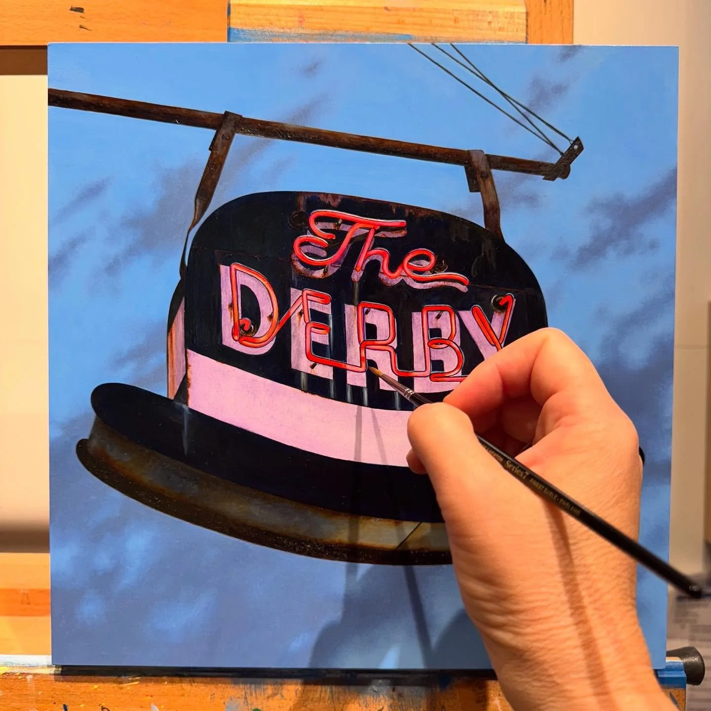 🎨 One of my favorite signs from this summer’s road trip—found in Poughkeepsie, New York. When finished “THE DERBY” will head to @patricia_rovzar_gallery in Seattle 🖌️ 
#kellietalbot #oilpainting #realism #art #vintageneonsi